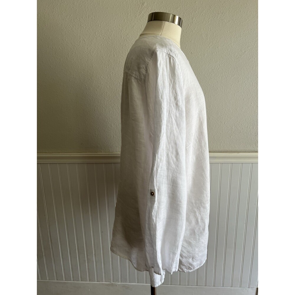 Tahari 100% Linen Long Sleeve Roll Tab Tunic Blouse Lagenlook Crisp White 1X - Picture 2 of 10